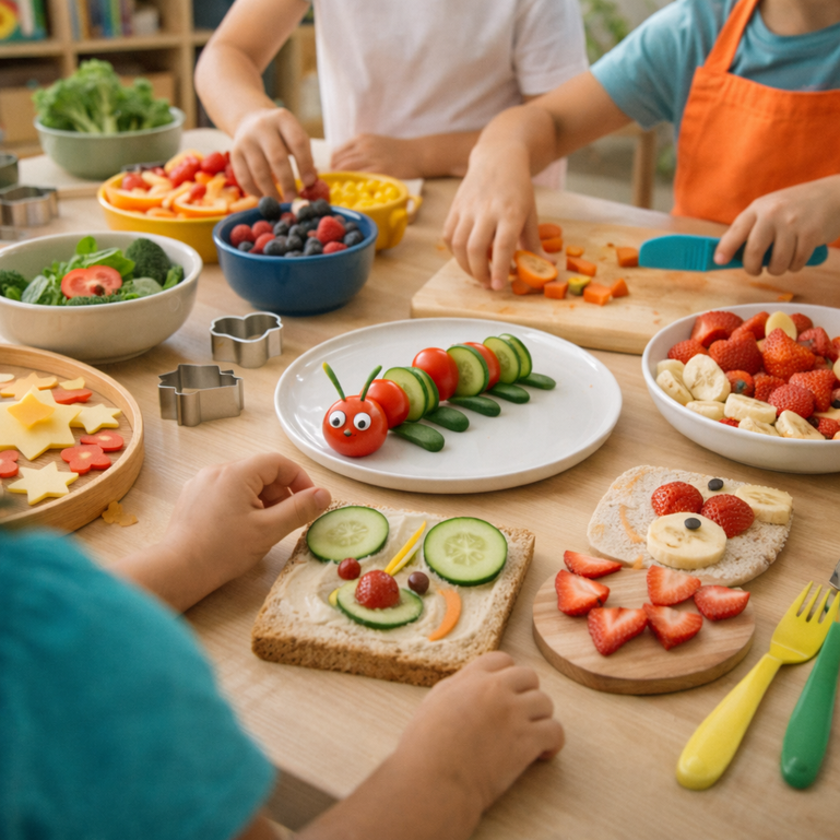 Enfants préparant une recette saine et colorée