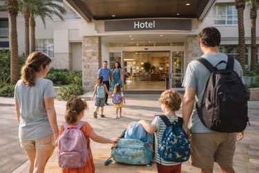 Entrée d’un hôtel partenaire à Orlando avec familles
